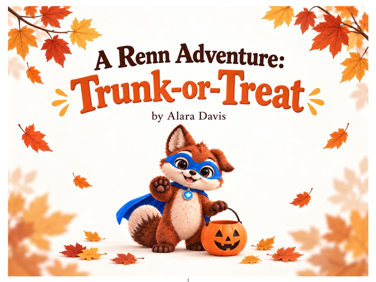 Renn the fox-otter waving in a blue mask and cape, holding a jack-o'-lantern bucket